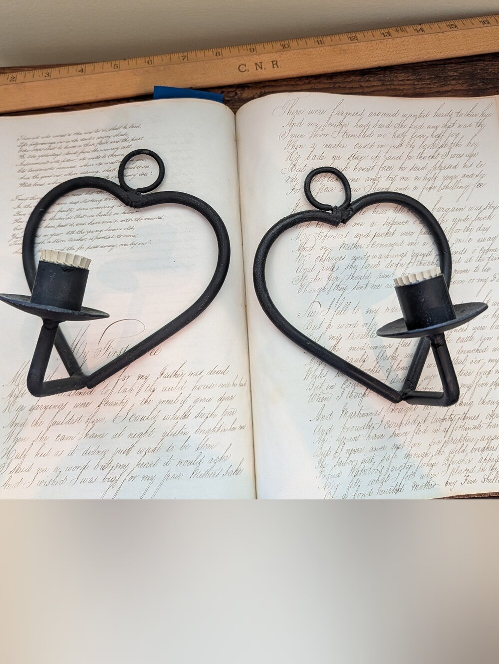 Black Heart-Shaped Wall Candle Sconces - Rustic Metal Set